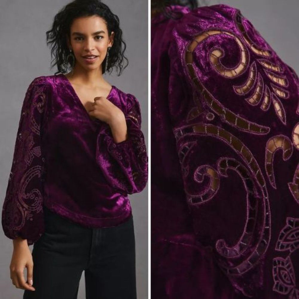 NWT Anthropologie Plum Velvet Cutwork Top | XXS